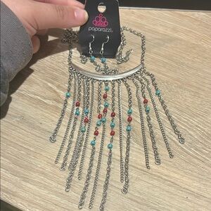 Paparazzi Silver Necklace with Red and Turquoise Beads